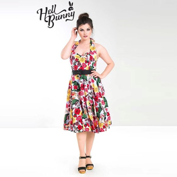 HELL BUNNY Mexico 50s Rockabilly Halter Neck Cotton Midi Dress - Picture 6 of 16